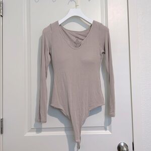 Klassy Network Braless Ribbed U-Shape Long Sleeve Bodysuit